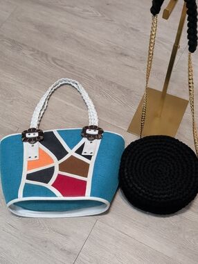 Women’s Multicolor Blue Patterned Tote Bag - Stylish Rope Black Bag